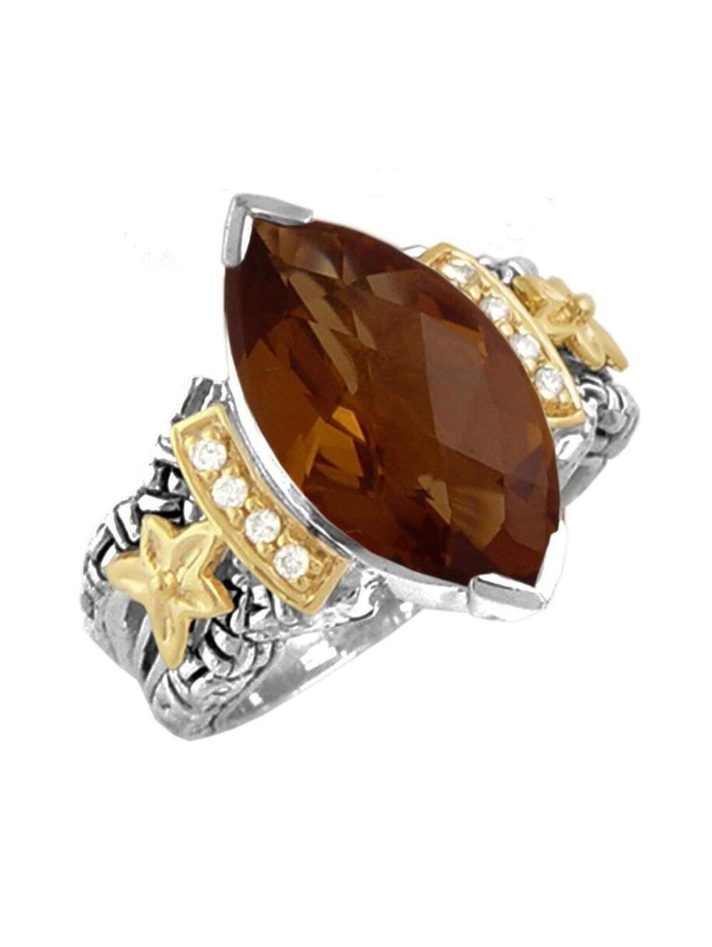 18k Gold & Sterling Silver Diamond & Cognac Quartz Philip Andre Ring size 7.5